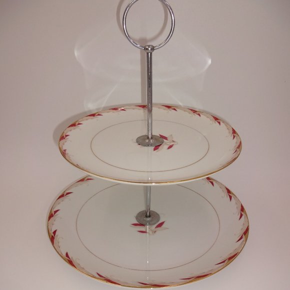 Vintage Citadel China Cavalier 2-Tier Serving Tray White Pink Leaves 7447 Japan